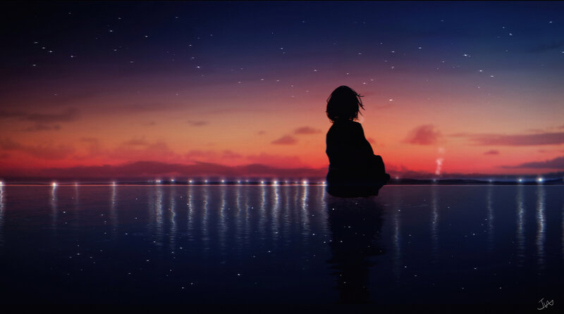 Silhouette of Person Sitting — Blue, Serene, Sunset, Digital Art