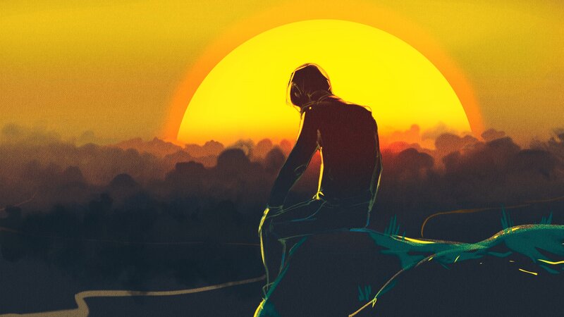 Silhouette of Person Sitting — Yellow, Dramatic, Sunset