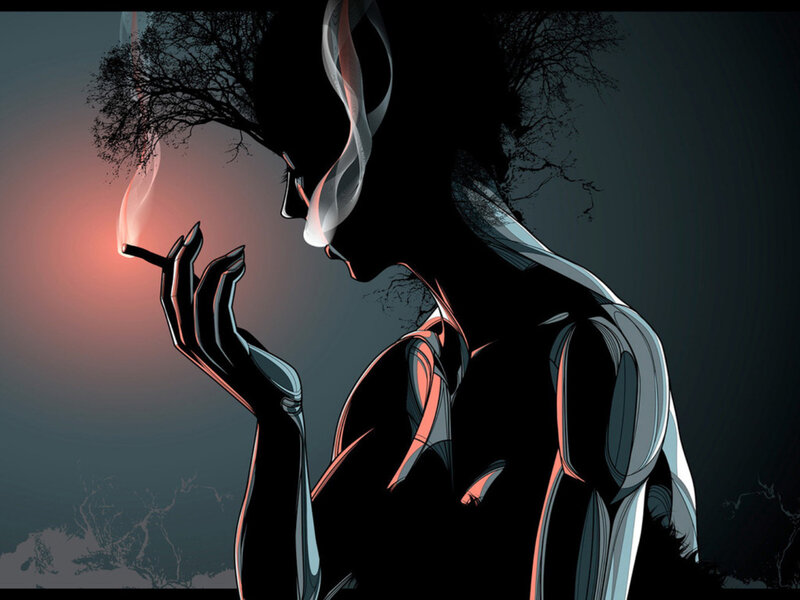 Silhouette of Person Smoking — Black, Dramatic, Night, Digital Art, Cigarette, Smoke, Tree