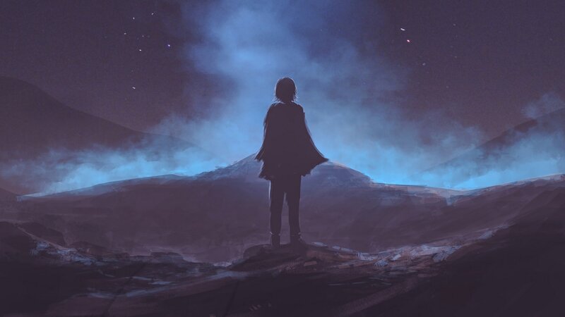 Silhouette of Person Standing — Blue, Dramatic, Night, Digital Art, Mountain