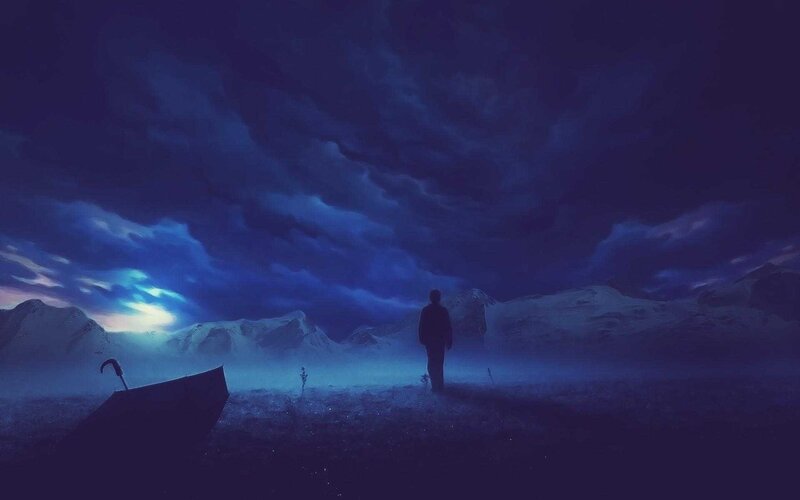 Silhouette of Person Standing — Blue, Dramatic, Night, Digital Art, Umbrella
