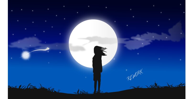 Silhouette of Person Standing — Blue, Serene, Night, Digital Art, Moon