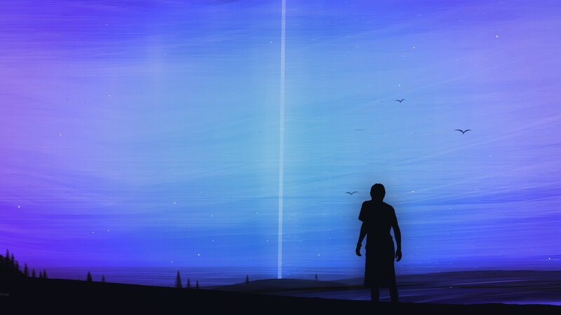 Silhouette of Person Standing — Blue, Serene, Night, Digital Art, Sky