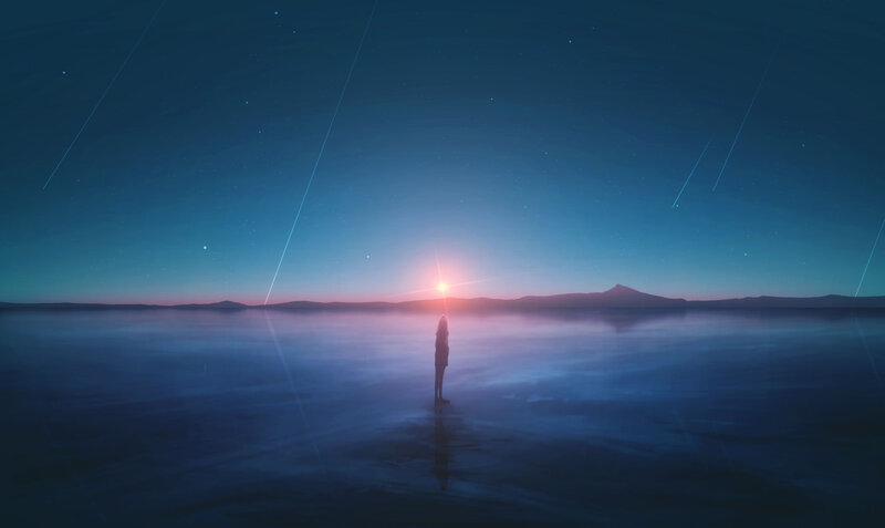Silhouette of Person Standing — Blue, Serene, Night, Digital Art