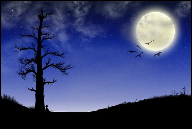 Silhouette of Person under Moon — Blue