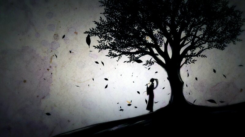 Silhouette of Person under Tree — Black, Serene, Night, Illustration