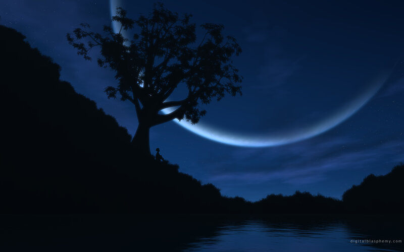 Silhouette of Person under Tree — Blue, Serene, Night, Digital Art, Moon, River, Hill