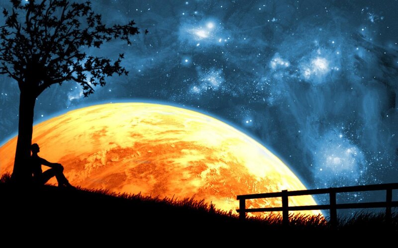 Silhouette of Person under Tree — Blue, Serene, Night, Digital Art, Planet