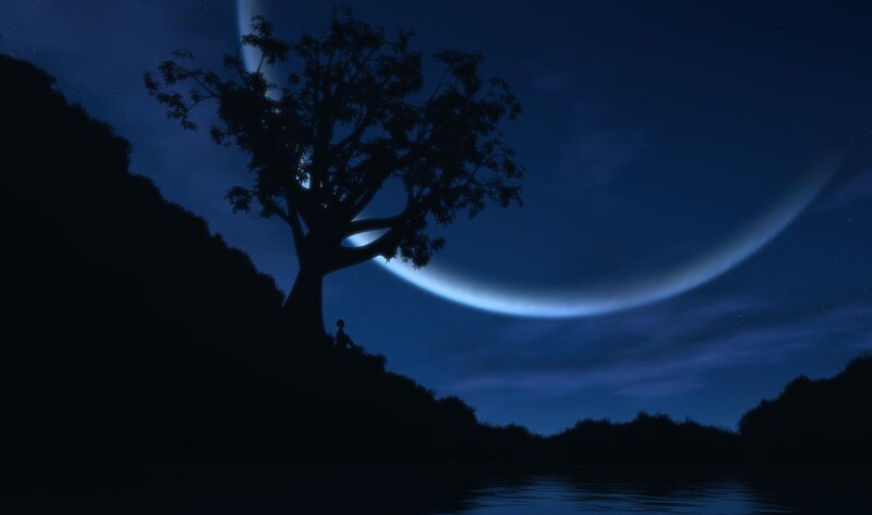 Silhouette of Person under Tree — Moon