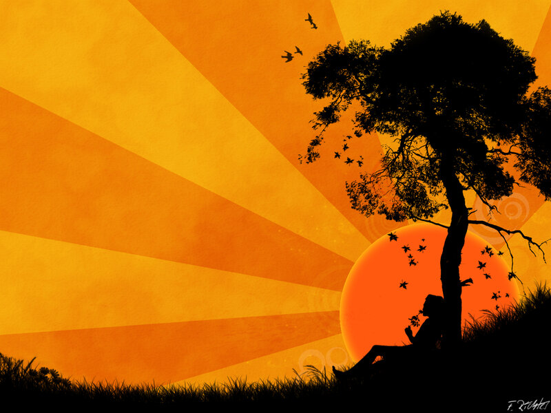 Silhouette of Person under Tree — Orange, Serene, Sunset, Digital Art