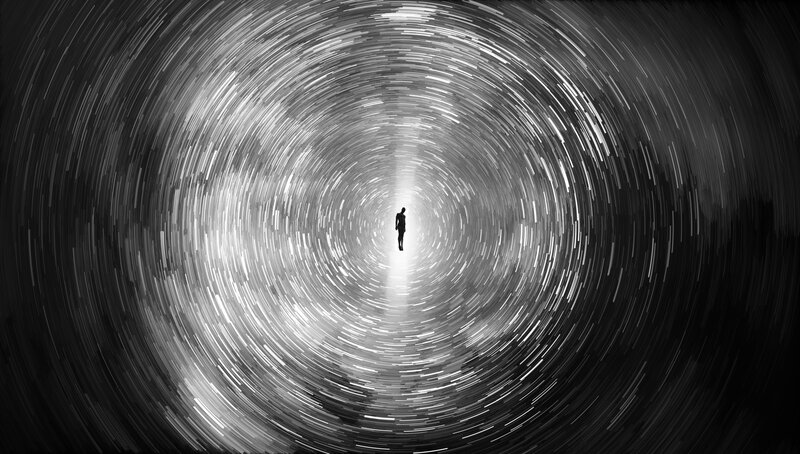 Silhouette of Person Walking — Black, Dramatic, Night, Digital Art, Tunnel