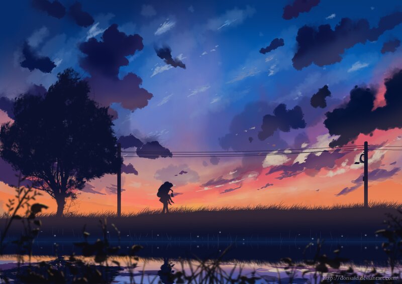 Silhouette of Person Walking — Blue, Serene, Sunset, Digital Art