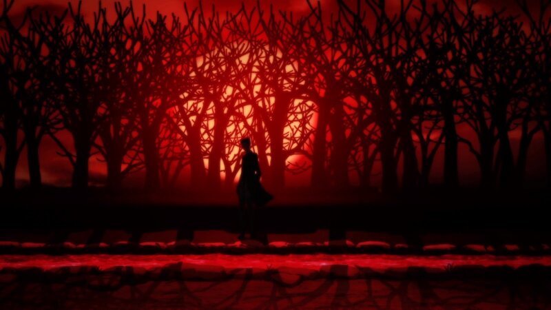 Silhouette of Person Walking — Red, Dramatic, Sunset, Anime
