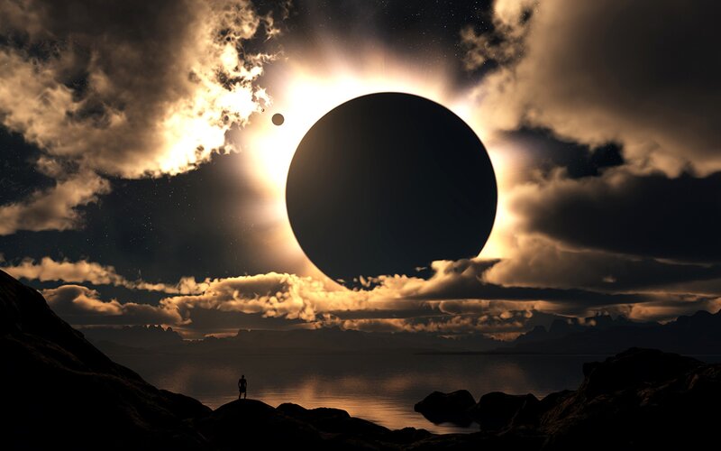 Silhouette of Person Watching Eclipse — Black, Dramatic, Night, Digital Art, Clouds, Water