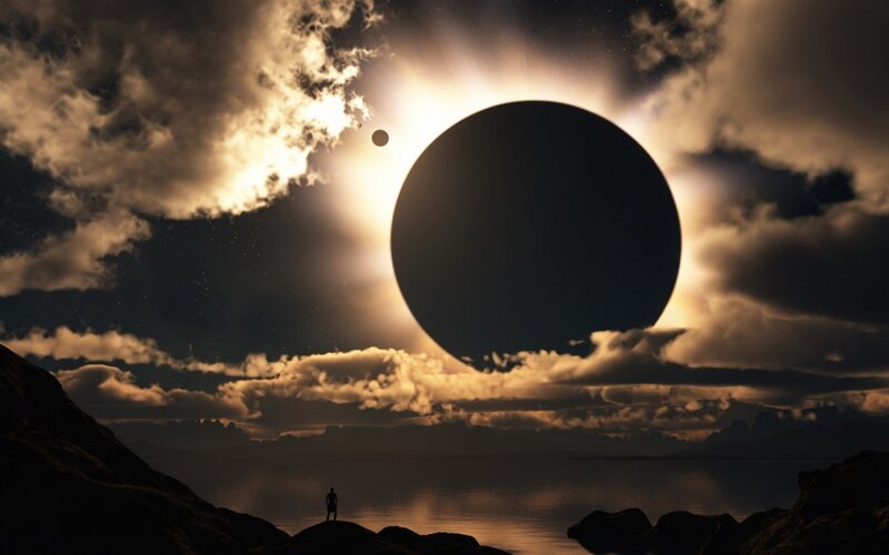 Silhouette of Person Watching Eclipse — Black, Dramatic, Night, Digital Art, Planet