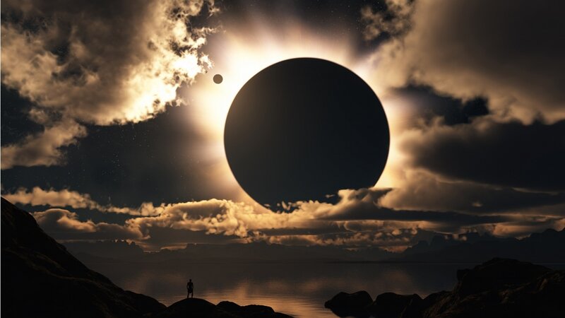 Silhouette of Person Watching Eclipse — Black, Dramatic, Night, Digital Art