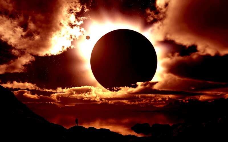 Silhouette of Person Watching Eclipse — Red