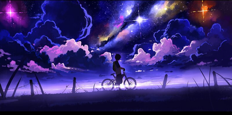 Silhouette of Person with Bicycle — Purple, Serene