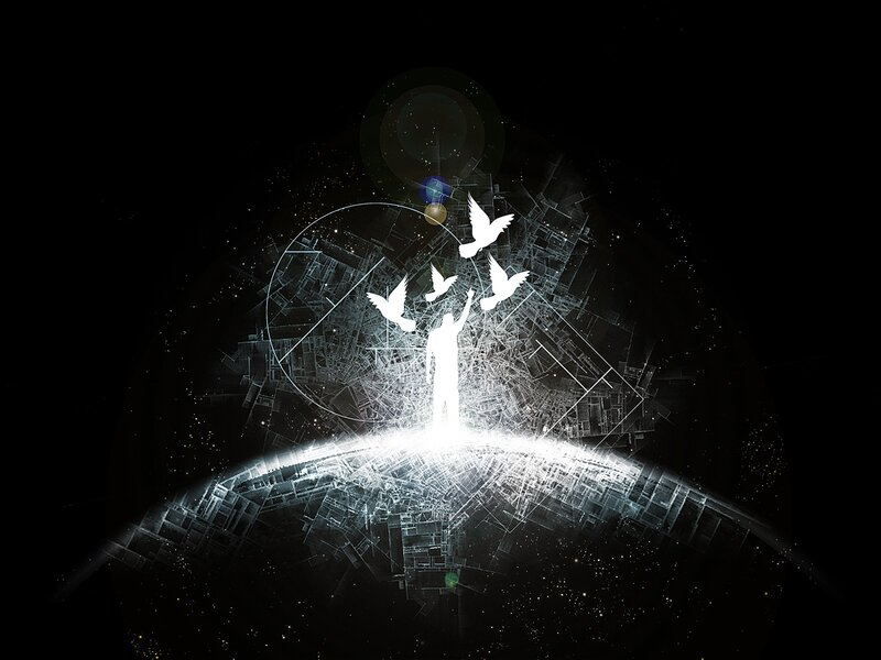 silhouette of person with doves