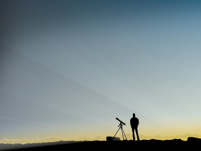 Silhouette of Person with Telescope — Blue, Serene, Sunset