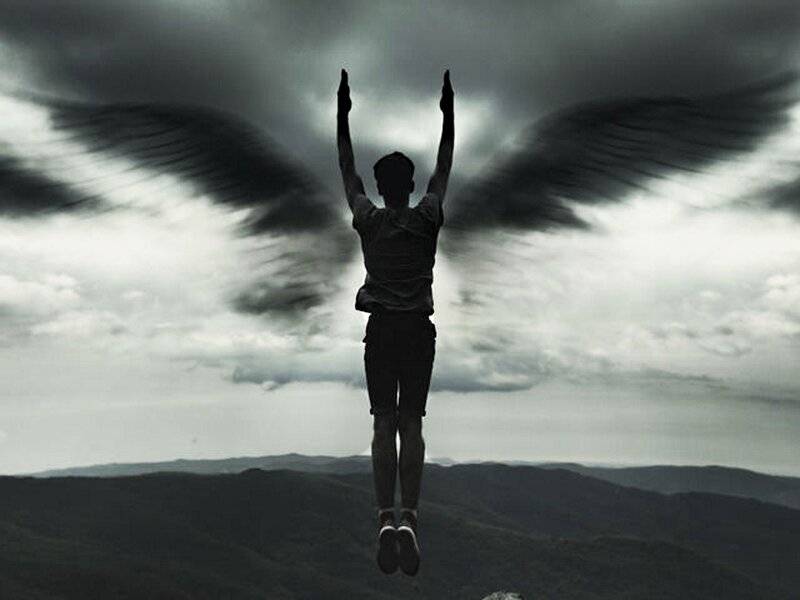 Silhouette of Person with Wings — Black, Dramatic, Photograph