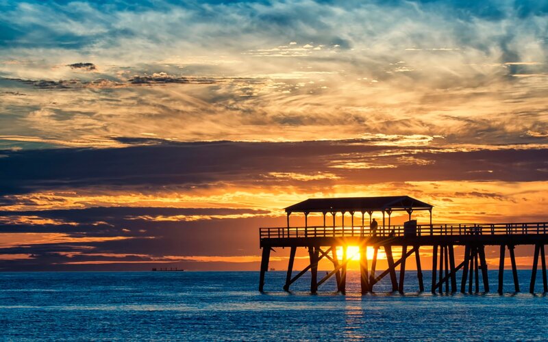 Silhouette of Pier at Sunset — Blue, Dramatic