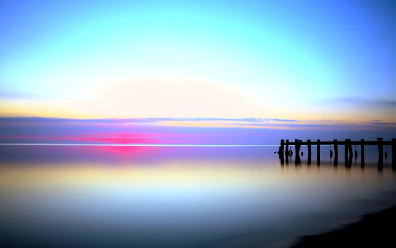 Silhouette of Pier at Sunset — Blue, Serene, Photograph