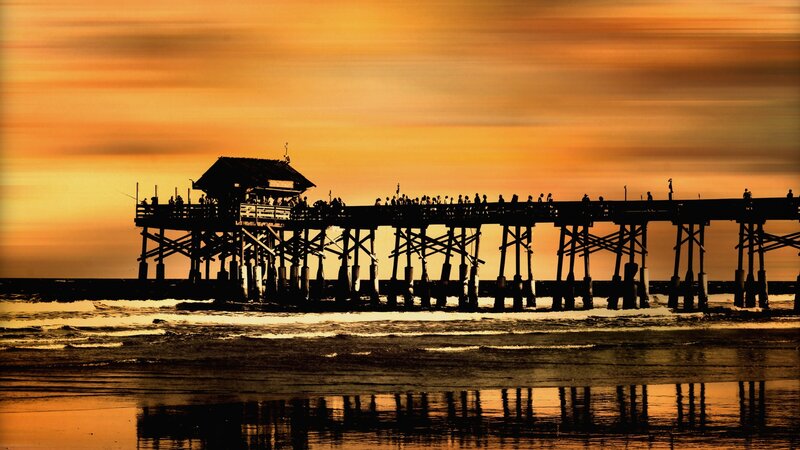 Silhouette of Pier at Sunset — Orange, Dramatic, Photograph, Ocean, Sky