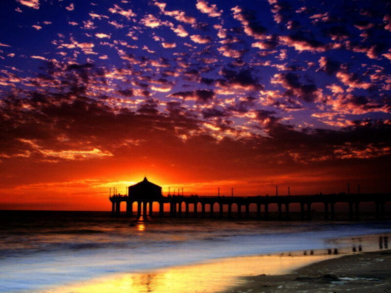 Silhouette of Pier at Sunset — Orange, Dramatic, Photograph, Ocean