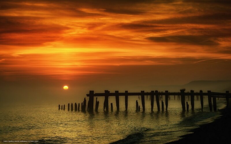 Silhouette of Pier at Sunset — Orange, Dramatic, Photograph, Sun
