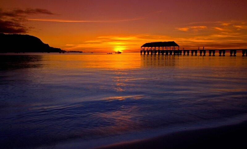 Silhouette of Pier at Sunset — Orange, Serene, Photograph