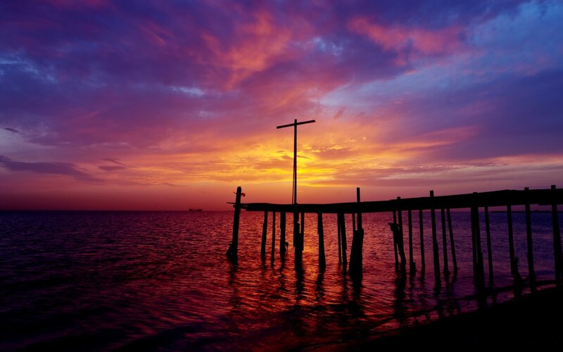 Silhouette of Pier at Sunset — Purple, Dramatic, Photograph