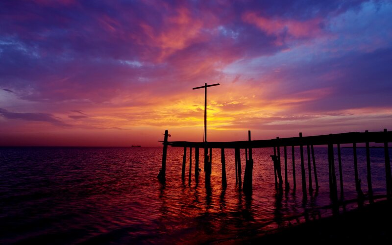 Silhouette of Pier at Sunset — Purple, Dramatic