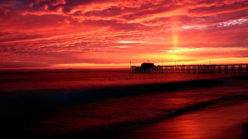 Silhouette of Pier at Sunset — Red, Dramatic, Photograph