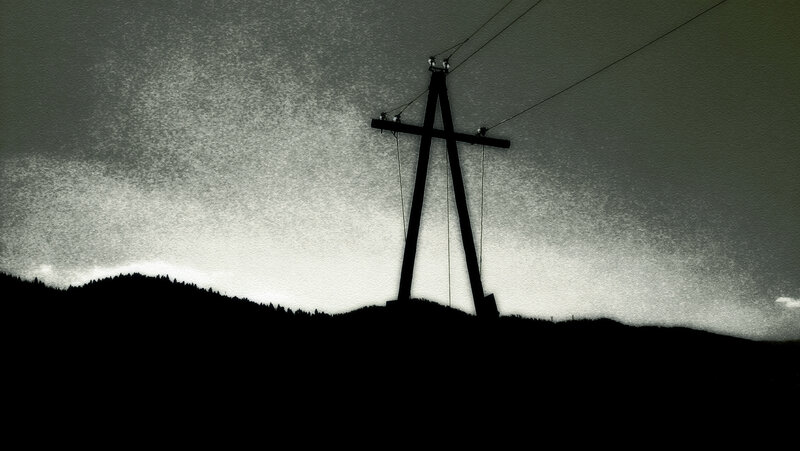 Silhouette of power line tower