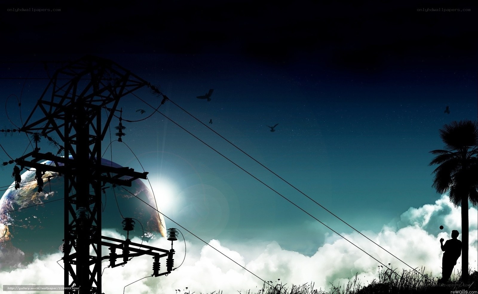 Silhouette of power lines and Earth