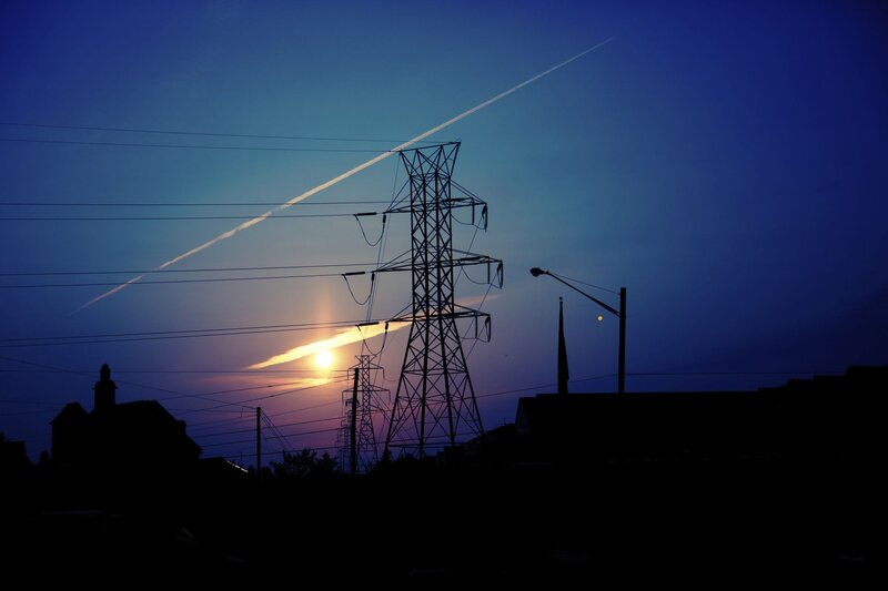 Silhouette of Power Lines — Blue, Dramatic, Sunset