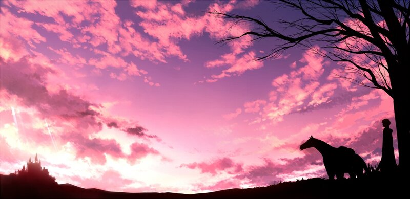 Silhouette of rider and horse at sunset