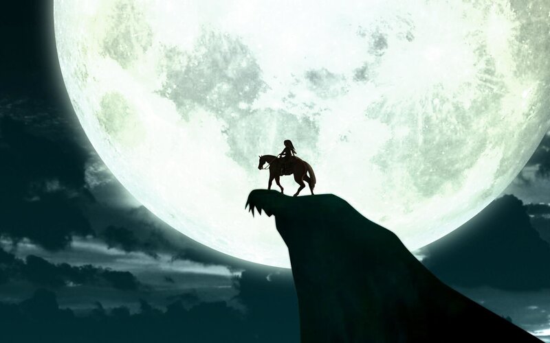 Silhouette of Rider on Horse — Black, Dramatic, Night, Digital Art, Cliff