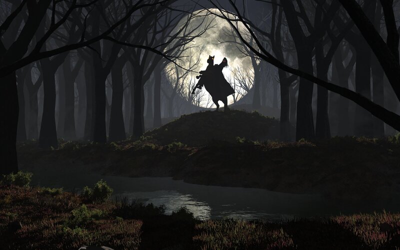 Silhouette of Rider on Horse — Black, Dramatic, Night, Digital Art, Moon, Forest