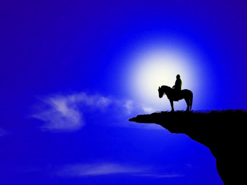 Silhouette of Rider on Horse — Blue, Dramatic, Night, Digital Art