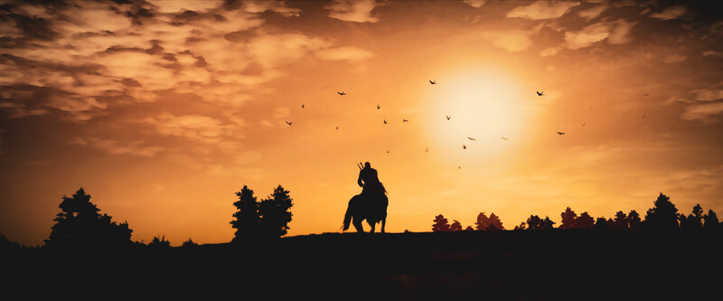 Silhouette of Rider on Horse — Orange, Dramatic, Sunset, 3d Render, Birds