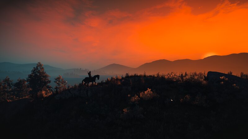 Silhouette of Rider on Horse — Orange, Dramatic, Sunset, 3d Render, Mountains, Sky