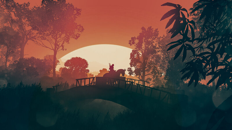 Silhouette of Rider on Horse — Orange, Dramatic, Sunset, Digital Art, Bridge