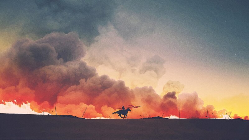 Silhouette of Rider on Horse — Red, Dramatic, Sunset, Digital Art