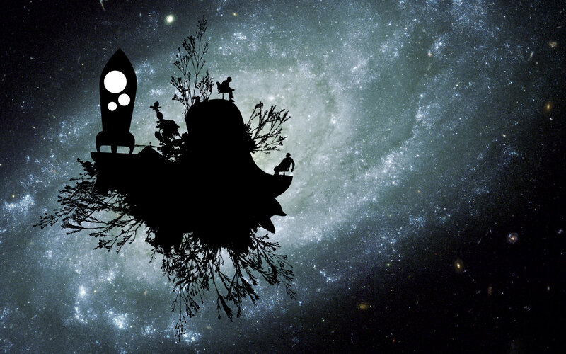 Silhouette of rocket and plants in space