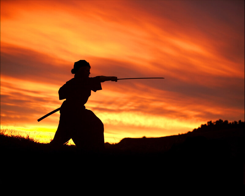 silhouette of swordsman at sunset