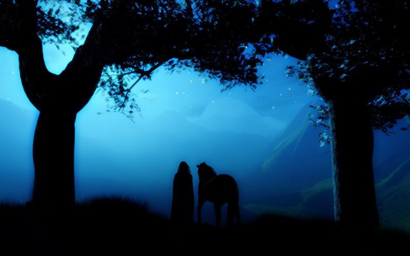 Silhouette of traveler and horse