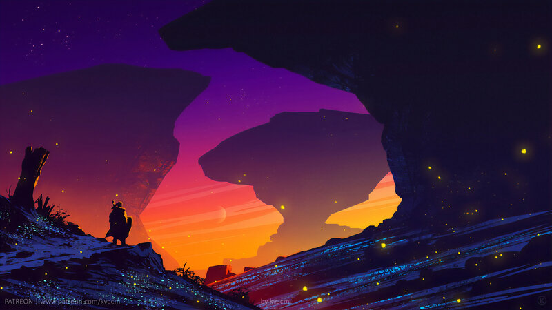 Silhouette of Traveler — Purple, Serene, Night