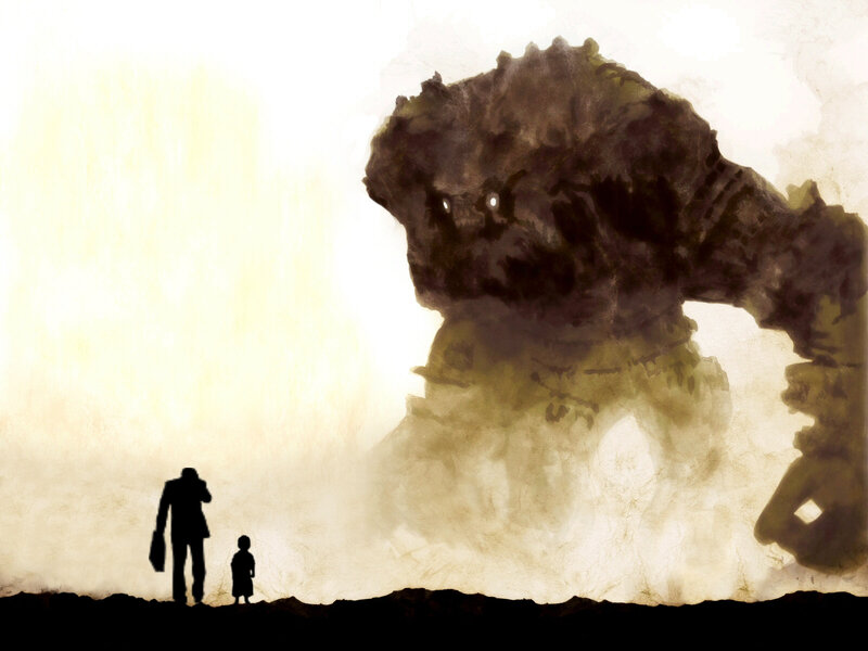 Silhouette of travelers facing a giant monster